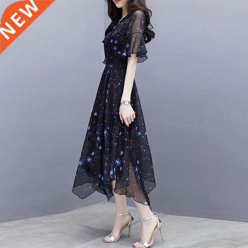 2019 Summer Women Print Chiffon Dress Casual Bohemian Elegan