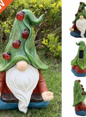 Garden Solar Gnome Statue With 4 Ladybug Lights Meditating