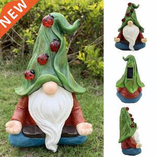 Garden Solar Gnome Statue With 4 Ladybug Lights Meditating