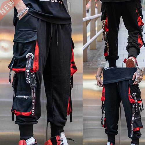 Hip Hop Joggers Men Letter Ribbons Cargo Pants Pockets Track