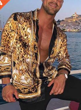 New printing Shirt Luxury Gold Yellow Leopard Clothing Men L