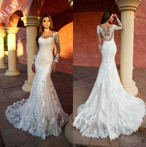 Custom Made Lace Mermaid Wedding Dresses Long Sleeve White W