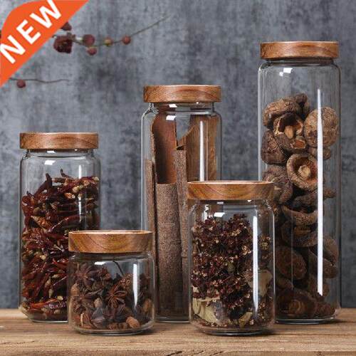 Glass Kitchen Canister with Airtight Wood Lid Storage