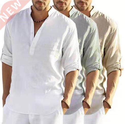 Casual Men's Cotton Linen Shirts 2022 Summer Loose Long Slee