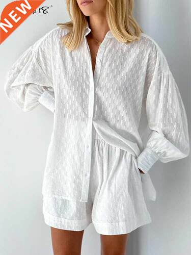 Mnealways18 White Elegant Jacquard Fabric Soft Vacation Suit