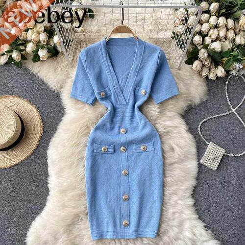 Women Knitted Pencil Dress V Neck Short Sleeve Elastic Slim