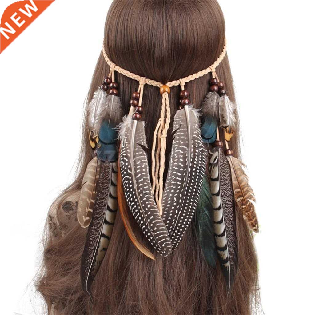Hippie Indian Feather Shape Headband Boho Weave Feathers Hai