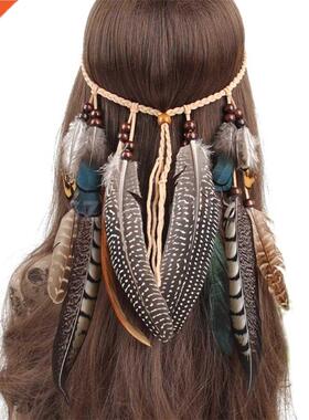 Hippie Indian Feather Shape Headband Boho Weave Feathers Hai