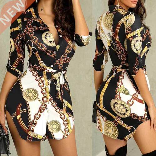 2022 New Style Women's Summer Long Blouse Fashion Chain Prin