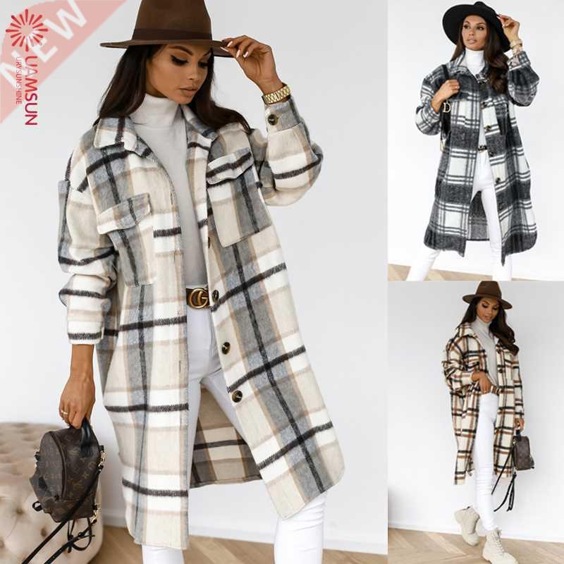 winter women plaid jacket woollen overcoat 毛呢大衣女 长外套
