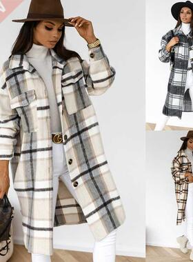 winter women plaid jacket woollen overcoat 毛呢大衣女 长外套