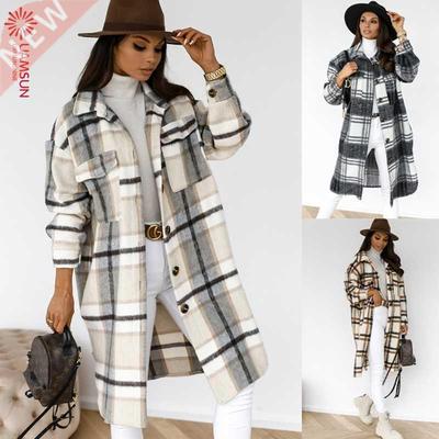 winter women plaid jacket woollen overcoat 毛呢大衣女 长外套