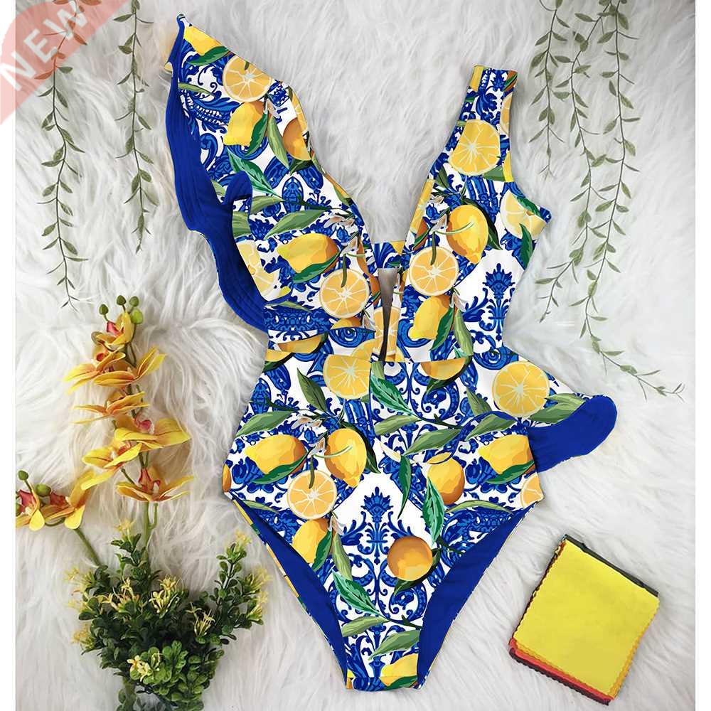 One Piece Swimsuit 2022 Print Plus Size Swimwear Women V-Nec