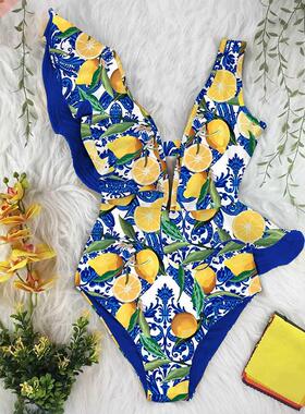 One Piece Swimsuit 2022 Print Plus Size Swimwear Women V-Nec