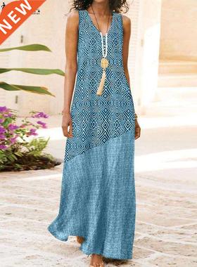 Fashion Summer Women Sveless Floral Printed Long Sundress