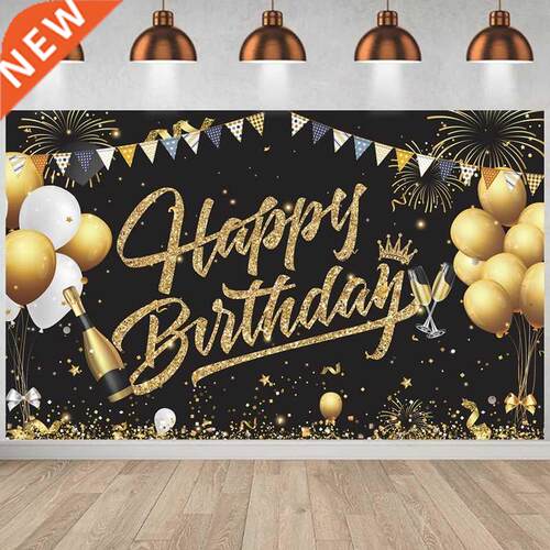 Birthday Backdrop Banner Black Gold Backdrop Sign Happy