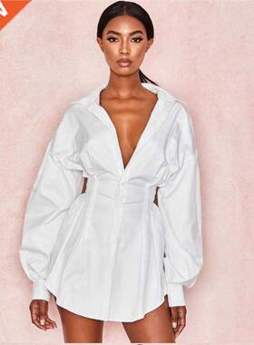 Women Shirts Dress Office Lady Long Puff Sleeve V-Neck High