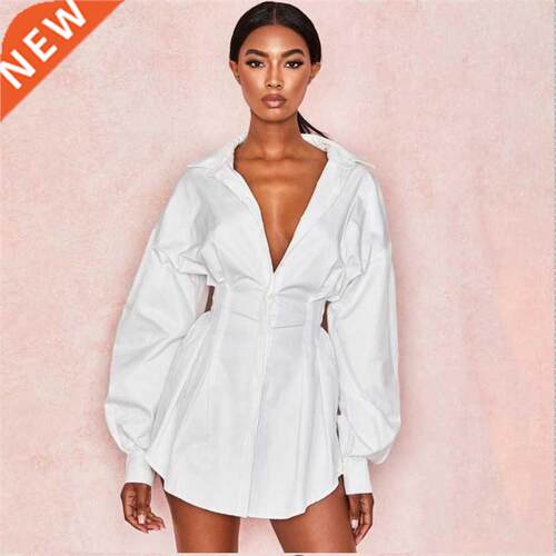 Women Shirts Dress Office Lady Long Puff Sleeve V-Neck High