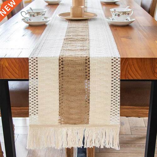 New Style Cotton and Linen Stitching Tassel Table Runner