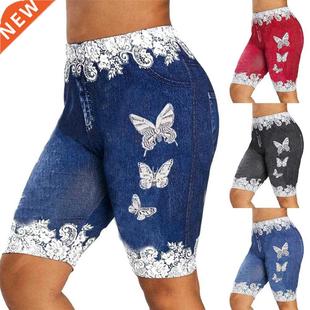 Plus Size Denim Shorts Women Lace Patchwork Butterfly Print