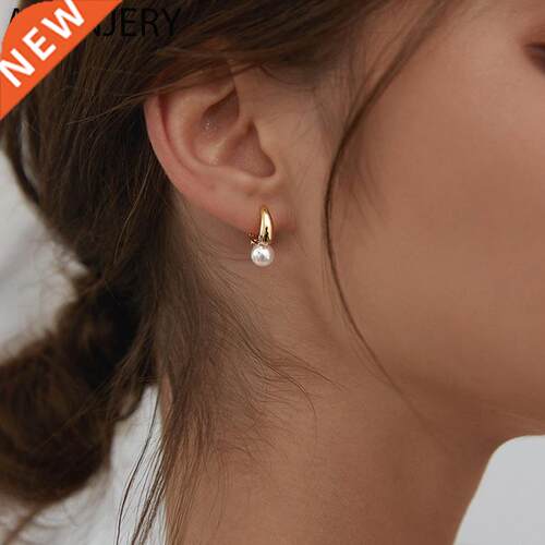 ANENJERY Silver Color Pearl Hoop Earrings for Women Round We