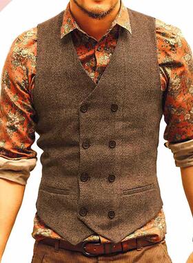 Men Vests Suit Vest Tweed Man Waistcoat Brown Black Groomman