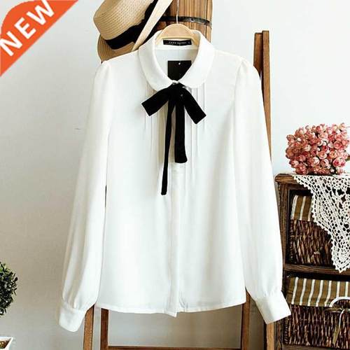 Fashion Female Elegant Bow Tie White Blouses Chiffon Collar