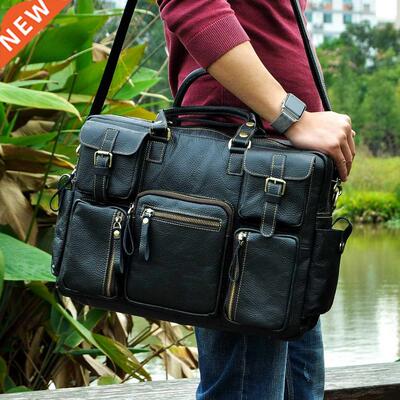 Men Real Leather Antique Large Capacity Travel Briefcase Bus