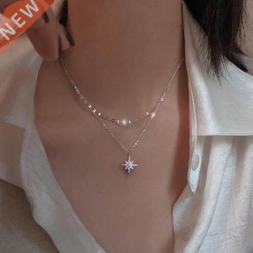 s925 sterling Silver Star Moon Double Necklace Women Clavicl