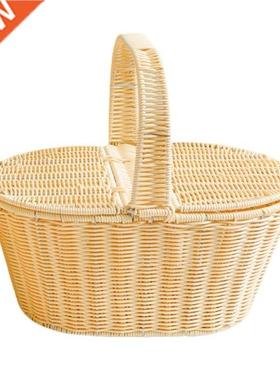 Picnic Basket Woven Rattan Basket with Lid Camping Storage B