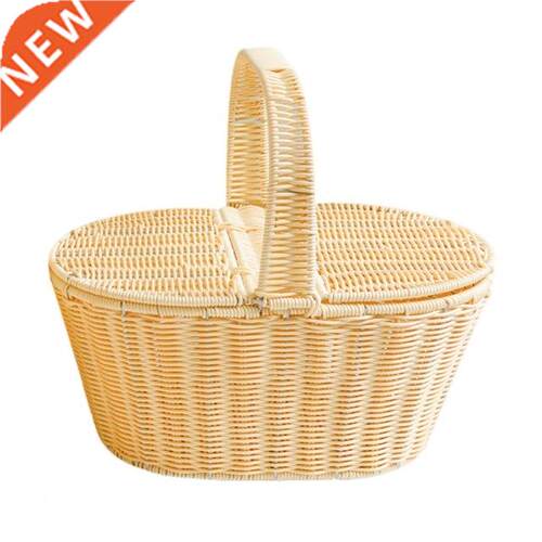 Picnic Basket Woven Rattan Basket with Lid Camping Storage B