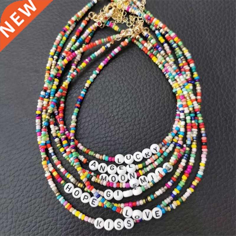 Boho Handmade  Rice Bead Necklace Letter Lucky Love Girl