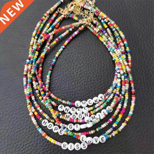 Boho Handmade  Rice Bead Necklace Letter Lucky Love Girl