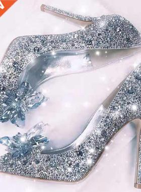 2022 Newest Cinderella Shoes Rhinestone High Heels Women Pu