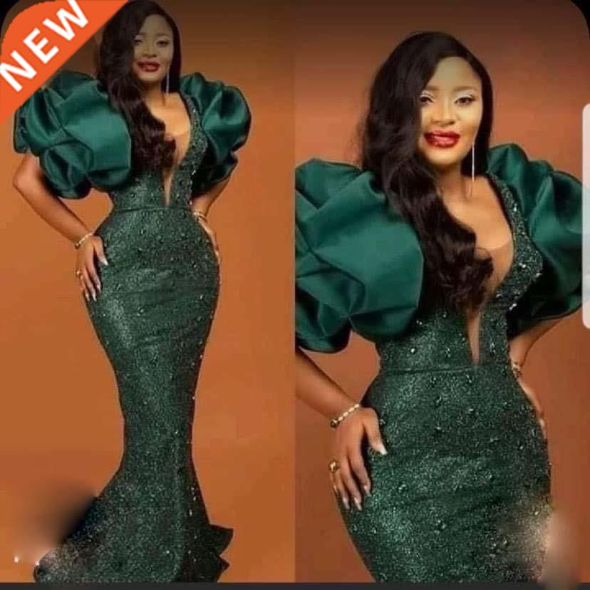 Hunter Green Prom Dresses With Puff Sleeves Bead Sequined Me