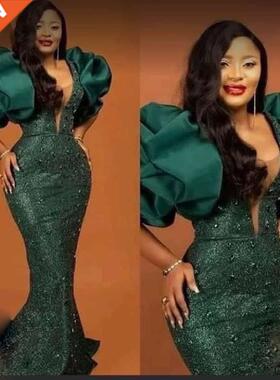 Hunter Green Prom Dresses With Puff Sleeves Bead Sequined Me