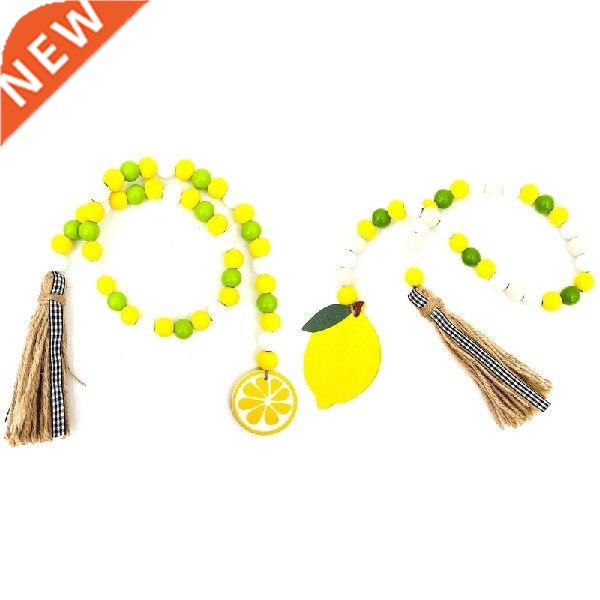 Wood Bead Garland with Lemon Pendant Farmhouse Rustic