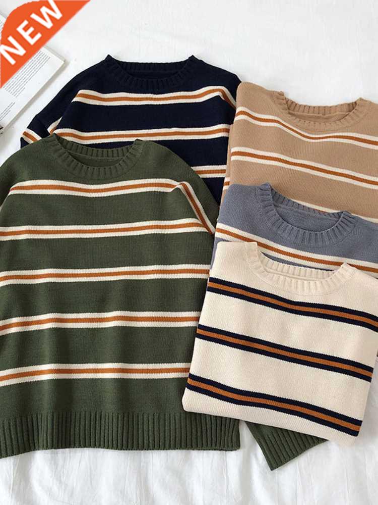 Vintage Stripe Sweaters Women Loose Oversize Korean Style Pu