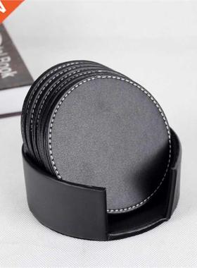 6pcs Set PU Leather Coaster Cup Mat lack Round Square Pad