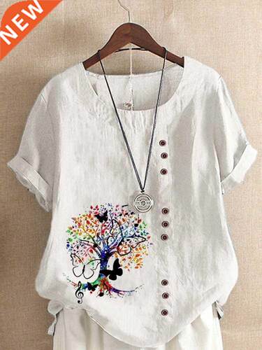 Women's New Fashion Summer Music Tree Prined Round Neck Shor