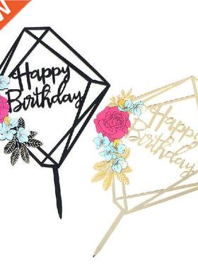 Colored Flowers Happy Brthday Cake Topper Golden Acrylc