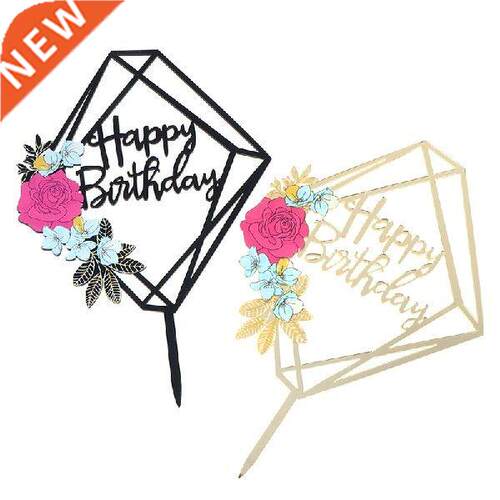 Colored Flowers Happy Brthday Cake Topper Golden Acrylc