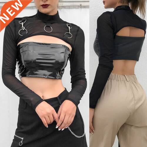 Fashion Women Lady Mesh Long Sleeve O Neck Crop Tops Bikini