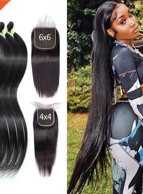 30 40 Inch Bundles With 6x6 4x4 Lace Closure Straight Weave