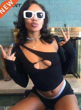 Nibber Hollow Out Crop Top Y2K Punk Tee Shirts For Women Asy