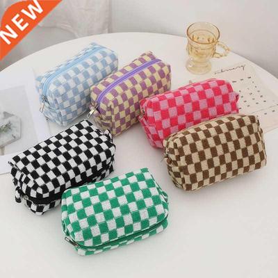 Checkerboard Lattice Makeup Bag Knitted Fabric Women Cosmeti