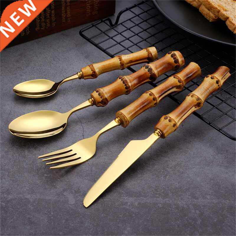 4Pcs Cutlery Set Purely Natural Bamboo Handle Flatware Set T