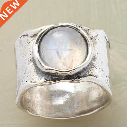 Vintage Round Moonstone Massive Rings for Women White Gold C