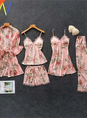 5Pc Women Pjms Silk Florl Nightie Sleepwer Home Clothes