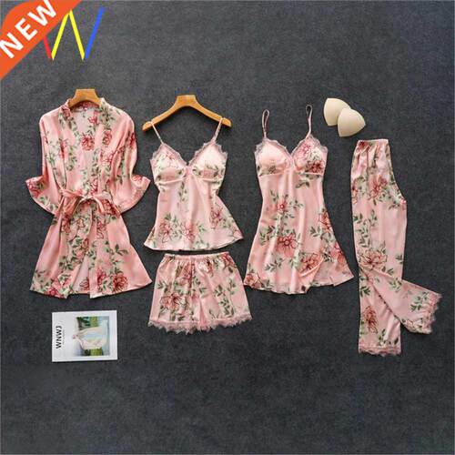 5Pc Women Pjms Silk Florl Nightie Sleepwer Home Clothes